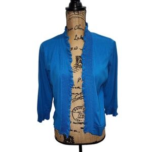 Madison Ruffle Trim Cardigan Sweater Knit‎ Top Blue Cotton Blend L